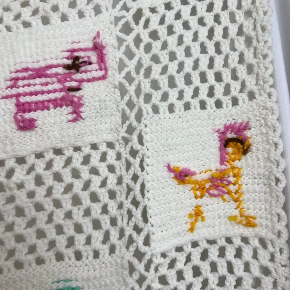 Vtg Handmade‎ Crotchet Baby Blanket W/ Animal Cross Stitch Pattern Nursery Decor